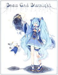 Rule 34 | 1girl, 2017, artist name, blue hair, rabbit, character name, detached sleeves, dress, closed eyes, hatsune miku, highres, long hair, nishina hima, open mouth, snowflakes, solo, twintails, very long hair, vocaloid, wand, white background, yuki miku, yukine (vocaloid)