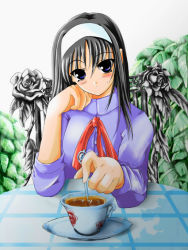 Rule 34 | 00s, 1girl, black hair, blue eyes, blush, hairband, school uniform, solo, tea, tohno akiha, tsukihime