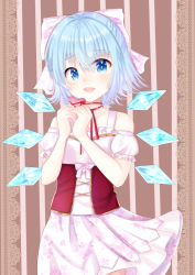 Rule 34 | 1girl, alternate costume, bad id, bad pixiv id, blue eyes, blue hair, blush, bow, cherry blossom print, cirno, collarbone, commentary, corset, flat chest, floral print, hair bow, happy, heart, ice, ice wings, looking at viewer, neck ribbon, nibosi, puffy short sleeves, puffy sleeves, ribbon, short hair, short sleeves, skirt, smile, solo, touhou, underbust, valentine, wind, wings