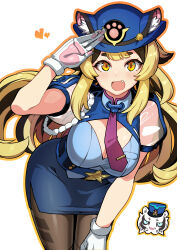 Rule 34 | 1girl, animal ears, black hair, black pantyhose, blonde hair, blue headwear, blue skirt, blush, breasts, character request, cleavage, fang, gloves, hat, heart, highres, large breasts, leaning forward, long hair, looking at viewer, necktie, open mouth, orange eyes, orange outline, outline, pantyhose, salute, see-through, see-through sleeves, short sleeves, simple background, skirt, star (symbol), tiger, tsukinami kousuke, white background, white gloves, world flipper