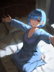Rule 34 | 1girl, barefoot, bed, blue eyes, blue hair, breasts, cleavage, ginyuiti, hair ornament, hair over one eye, highres, indoors, looking at viewer, medium breasts, nightgown, on bed, outstretched arms, re:zero kara hajimeru isekai seikatsu, rem (re:zero), seiza, short hair, sitting, sleepwear, soles, solo, toes, x hair ornament