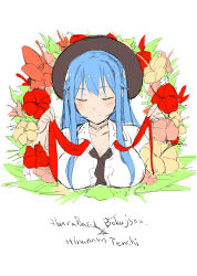 Rule 34 | 1girl, absurdres, bad id, bad pixiv id, blue hair, breasts, cleavage, collarbone, closed eyes, flower, hat, highres, hinanawi tenshi, large breasts, long hair, neropaso, portrait, ribbon, shirt, solo, touhou
