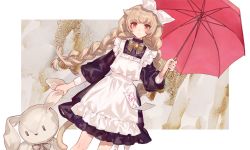 Rule 34 | 1girl, apron, bell, black dress, bow, bowtie, braid, brown eyes, chocoan, closed mouth, dress, hair bow, highres, light brown hair, long hair, long sleeves, looking at viewer, original, solo, stuffed animal, stuffed toy, twin braids, umbrella, white background