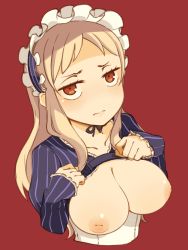 Rule 34 | 1girl, bad id, bad nicoseiga id, blonde hair, breastless clothes, breasts, highres, inverted nipples, jitome, large breasts, long hair, looking at viewer, mota, nipples, no nose, original, red background, red eyes, simple background, solo