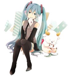 Rule 34 | 1girl, aqua hair, bad id, bad pixiv id, boots, envelope, green eyes, hatsune miku, headset, komori393, long hair, mouth hold, necktie, sitting, skirt, solo, thigh boots, thighhighs, twintails, very long hair, vocaloid