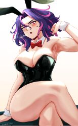 Rule 34 | 1girl, animal ears, armpits, artist name, bare legs, bare shoulders, black leotard, blush, boku no hero academia, bow, bowtie, breasts, breath, cleavage, commentary, crossed legs, detached collar, english commentary, fake animal ears, feet out of frame, hair between eyes, hand up, highleg, highleg leotard, highres, lady nagant, large breasts, leotard, looking at viewer, medium hair, multicolored hair, open mouth, pink hair, playboy bunny, purple eyes, purple hair, rabbit ears, red bow, red bowtie, shibarinsfw, sitting, solo, strapless, strapless leotard, streaked hair, sweat, thick thighs, thighs, traditional bowtie, two-tone hair, wrist cuffs