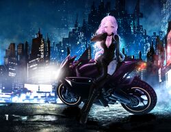 Rule 34 | 1girl, absurdres, amiya aranha, arthropod limbs, black bodysuit, black footwear, black gloves, black thighhighs, blush, bodysuit, boots, city, commentary, commission, english commentary, extra legs, gloves, glowing, hair ornament, hairclip, hand on own shoulder, highres, indie virtual youtuber, long hair, looking at viewer, motor vehicle, motorcycle, on motorcycle, purple eyes, purple hair, sakana (midorikame), second-party source, single thighhigh, sitting, skeb commission, smile, solo, thigh boots, thighhighs, virtual youtuber