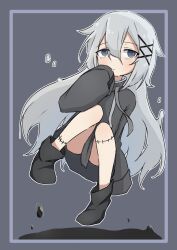 Rule 34 | 1girl, black footwear, boots, closed mouth, coat, drawstring, floating, grey background, grey coat, grey eyes, grey hair, hair between eyes, hair ornament, hand up, high collar, highres, kinazuki, long hair, long sleeves, looking at viewer, outline, outside border, sleeves past fingers, sleeves past wrists, solo, soragiri tudu, stitched leg, stitches, utau, white outline, x hair ornament