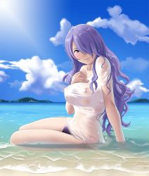 Rule 34 | 1girl, beach, bikini, blue sky, blush, breasts, camilla (fire emblem), cloud, covered navel, curly hair, fire emblem, fire emblem fates, hair over one eye, highres, large breasts, long hair, looking at viewer, nintendo, ocean, partially submerged, purple eyes, purple hair, sand, see-through, shirt, sitting, sky, smile, solo, sunlight, swimsuit, thor (deep rising), topless, water, wet, wet clothes, wet shirt