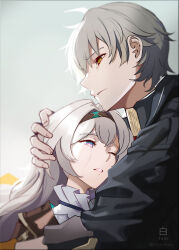 Rule 34 | 1boy, 1girl, black hairband, black jacket, blue eyes, blue pupils, caelus (honkai: star rail), clenched teeth, commentary, crying, crying with eyes open, firefly (honkai: star rail), from side, furrowed brow, grey background, grey hair, hair between eyes, hair intakes, hairband, hand on another&#039;s head, hetero, highres, honkai: star rail, honkai (series), hug, jacket, long sleeves, one eye closed, open mouth, orange eyes, parted lips, pink eyes, profile, shiro font, short hair, sidelocks, simple background, streaming tears, tears, teeth, trailblazer (honkai: star rail), twitter username, watermark