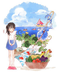 Rule 34 | 1girl, bare arms, basket, black hair, blouse, blue skirt, blue sky, boat, bowing, buttons, check copyright, closed eyes, closed mouth, cloud, commentary request, copyright request, corn, cucumber, day, dolphin, eggplant, food, fruit, full body, h kawa, innertube, koinobori, leaf, leaning forward, light blush, long hair, loose hair strand, miniskirt, motion lines, ocean, original, outdoors, own hands together, pickle, pink footwear, plant, sailboat, shadow, shirt, shoes, short sleeves, side ponytail, simple background, skirt, sky, smile, solo, splashing, swim ring, tomato, vines, watercraft, watermelon, white background, white shirt, white sleeves, windsock, wooden floor
