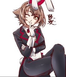 Rule 34 | 1girl, animal ears, black coat, bow, bowtie, brown hair, character name, coat, commentary request, crossed legs, detached collar, fake animal ears, feet out of frame, finger to mouth, gloves, green eyes, index finger raised, kantai collection, leotard, looking at viewer, mutsu (kancolle), one-hour drawing challenge, pantyhose, playboy bunny, rabbit ears, rabbit tail, red bow, red bowtie, short hair, simple background, sitting, solo, tail, tailcoat, udukikosuke, white background, white gloves, white pantyhose, wrist cuffs