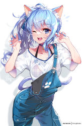 Rule 34 | 1girl, ;d, animal ear fluff, animal ears, blue eyes, blue hair, blue nails, blue overalls, bra strap, breasts, cat ears, cat tail, choker, claw pose, commentary request, cowboy shot, hair between eyes, halterneck, hololive, hong (white spider), hoshimachi suisei, long hair, looking at viewer, medium breasts, nail polish, one eye closed, open mouth, overalls, purple choker, revision, shirt, short sleeves, side ponytail, signature, simple background, smile, solo, standing, star (symbol), star in eye, symbol in eye, tail, virtual youtuber, white background, white shirt