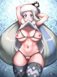 Rule 34 | 1girl, arm behind head, arms up, blue eyes, blue hair, blush, breasts, censored, commentary, creatures (company), curvy, eyelashes, foxyreine, fur collar, game freak, gloves, grey hair, grey thighhighs, highres, holding, holding poke ball, large breasts, long hair, looking at viewer, mature female, melony (pokemon), mosaic censoring, mouth hold, multicolored hair, navel, nintendo, nipples, partially fingerless gloves, patreon logo, patreon username, poke ball, pokemon, pokemon swsh, pussy, raised eyebrows, shiny skin, signature, solo, streaked hair, thighhighs, ultra ball, watermark, web address, white headwear