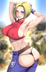Rule 34 | 1girl, armpits, backless pants, baggy pants, bare shoulders, belt, blonde hair, blue eyes, blue mary, blush, bob cut, breasts, chaps, covered erect nipples, crop top, denim, fatal fury, fingerless gloves, gloves, halterneck, highres, large breasts, looking at viewer, midriff, navel, open mouth, pants, parted hair, photo background, saigado, shirt, short hair, sleeveless, sleeveless turtleneck, smile, snk, solo, sweat, the king of fighters, tight top, turtleneck