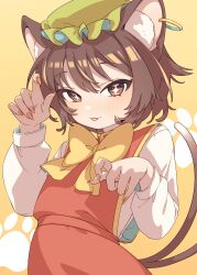 Rule 34 | 1girl, absurdres, animal ear fluff, animal ears, blush, brown eyes, brown hair, cat ears, cat tail, chen, dress, e sdss, earrings, fingernails, green hat, hat, highres, jewelry, long fingernails, long sleeves, looking at viewer, mob cap, multiple tails, nail polish, nekomata, red dress, red nails, sharp fingernails, shirt, short hair, simple background, single earring, smile, solo, tail, tongue, tongue out, touhou, two tails, upper body, white shirt, yellow background