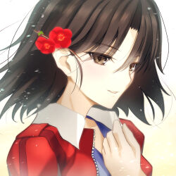 Rule 34 | 1girl, absurdres, black hair, brown eyes, commentary request, floating hair, flower, grin, hair flower, hair ornament, highres, jacket, kara no kyoukai, open clothes, open jacket, parted bangs, red flower, red jacket, ryougi shiki, short hair, simple background, smile, solo, toomishou, upper body, white background