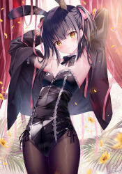 Rule 34 | 1girl, animal ears, armpits, arms behind head, arms up, black bow, black hair, black jacket, black leotard, black nails, blush, bow, breasts, brown eyes, brown pantyhose, closed mouth, collar, commentary request, covered navel, curtains, detached collar, earrings, flower, frilled leotard, frills, groin, hair between eyes, hair ribbon, highres, jacket, jewelry, kodama haruka, leotard, long hair, long sleeves, looking at viewer, nail polish, open clothes, open jacket, pantyhose, pinching sleeves, pink ribbon, playboy bunny, rabbit ears, ribbon, signature, sleeves past wrists, small breasts, solo, sousouman, strapless, strapless leotard, twinbox school, twintails, white collar, window, wing collar, yellow flower