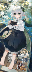 Rule 34 | 1girl, absurdres, alternate costume, artist name, barefoot, basket, black skirt, boat, bread, camera, collared shirt, colored tips, contemporary, cross-shaped pupils, dated, feet, flower, food, full body, genshin impact, gradient hair, green eyes, green hair, hair ornament, hat, unworn hat, unworn headwear, highres, holding, holding camera, leaf, lily pad, long hair, long sleeves, looking at viewer, multicolored hair, nahida (genshin impact), oar, outdoors, parted lips, pointy ears, rowboat, shirt, shirt tucked in, side ponytail, sidelocks, sitting, skirt, smile, solo, swkl:d, symbol-shaped pupils, toes, two-tone hair, water, watercraft, white flower, white hair, white shirt