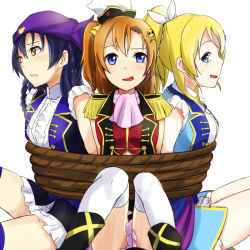 Rule 34 | 10s, 3girls, :o, arms behind back, ayase eli, back-to-back, blonde hair, blue eyes, blue hair, blush, bound, dancing stars on me!, epaulettes, girl sandwich, hair ornament, kosaka honoka, looking at viewer, love live!, love live! school idol project, michigan, multiple girls, open mouth, orange hair, restrained, rope, sandwiched, short sleeves, side ponytail, simple background, sitting, skull and crossbones, skull hair ornament, sonoda umi, sweatdrop, thighhighs, thighs, tied up (nonsexual), uniform, wavy mouth, white background, yellow eyes, zettai ryouiki