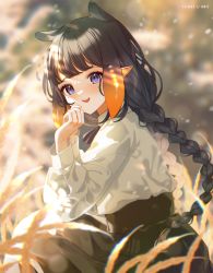 Rule 34 | 1girl, 2nii, animal ears, black hair, braid, crops, hand on own cheek, hand on own face, hands up, hololive, hololive english, long hair, looking to the side, loose clothes, multicolored hair, nature, ninomae ina&#039;nis, open mouth, orange hair, outdoors, pointy ears, puffy sleeves, purple eyes, skirt, smile, teeth, twin braids, very long hair, virtual youtuber