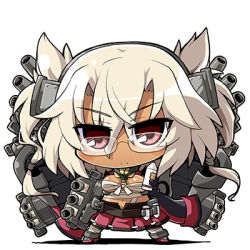Rule 34 | 10s, 1girl, akaneya, bad id, bad pixiv id, blonde hair, chibi, dark-skinned female, dark skin, glasses, kantai collection, looking at viewer, lowres, machinery, musashi (kancolle), navel, personification, pointy hair, red eyes, sarashi, solo, turret