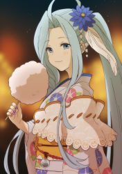 Rule 34 | 1girl, ahoge, blue eyes, blue hair, blurry, blurry background, blush, closed mouth, cotton candy, feather hair ornament, feathers, flower, food, granblue fantasy, hair flower, hair ornament, holding, holding food, japanese clothes, kimono, long hair, long sleeves, lyria (granblue fantasy), mifuta, obi, parted bangs, ponytail, sash, smile, solo, upper body, yukata