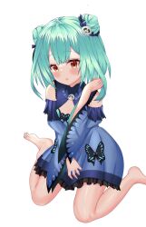 Rule 34 | 1girl, animal print, barefoot, blue butterfly, blue sleeves, blush, bug, butterfly, butterfly print, commentary, double bun, dress, frilled straps, green hair, hair bun, hair ornament, highres, hololive, insect, koba (kobako42), open mouth, red eyes, ribbon, short hair, skull brooch, skull collar, skull hair ornament, solo, symbol-only commentary, toes, uruha rushia, uruha rushia (1st costume), virtual youtuber