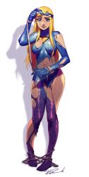 Rule 34 | 1girl, blonde hair, blue eyes, bodysuit, breasts, elissa megan powers, empowered, highres, lips, long hair, mask pull, navel, robaato, rope, skin tight, solo, superhero costume, toes, torn bodysuit, torn clothes