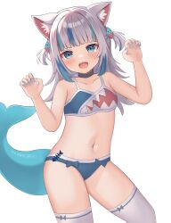 Rule 34 | 1girl, :d, animal ears, bikini, black choker, blue bikini, blue bow, blue eyes, blue hair, blunt bangs, blush, bow, bow bikini, cat ears, choker, claw pose, contrapposto, fins, fish tail, flat chest, gawr gura, grey hair, hair ornament, highres, hololive, hololive english, looking at viewer, medium hair, multicolored hair, nail polish, navel, nekopurin (nyanko prin), open mouth, shark hair ornament, shark print, shark tail, sharp teeth, simple background, smile, solo, streaked hair, swimsuit, tail, teeth, thighhighs, thighs, two-tone hair, two side up, upper teeth only, virtual youtuber, white background, white thighhighs