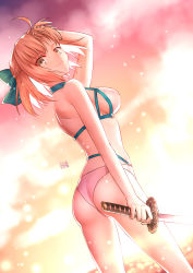 Rule 34 | 1girl, ahoge, ass, back, bare shoulders, bikini, blonde hair, blush, bow, breasts, closed mouth, fate/grand order, fate (series), gogatsu fukuin, green bow, grey eyes, hair between eyes, hair bow, half updo, highres, katana, large breasts, looking at viewer, looking back, okita j. souji (fate), okita j. souji (third ascension) (fate), okita souji (fate), okita souji (koha-ace), short hair, smile, solo, sunset, swimsuit, sword, thighs, weapon, white bikini