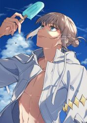 Rule 34 | 1boy, abs, blue sky, closed mouth, contrail, drawstring, eyelashes, fate/grand order, fate (series), food, grey hair, hair bun, holding, holding food, holding popsicle, hua (supa jopa), jacket, male focus, oberon (fate), official alternate costume, open clothes, open jacket, outdoors, pectorals, popsicle, short hair, sky, smile, solo, summer, sweatdrop, water drop