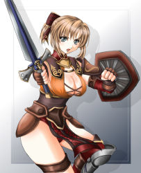 Rule 34 | 1041 (toshikazu), 1girl, alternate costume, blonde hair, blue eyes, bow, breasts, cassandra alexandra, cleavage, hair bow, looking at viewer, open mouth, shield, solo, soul calibur, soulcalibur iii, standing, sword, thighs, weapon