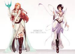 Rule 34 | 2girls, absurdres, alternate costume, arrancar, black footwear, black hair, bleach, bone, boots, breasts, bridal gauntlets, brown eyes, cape, commentary, dress, english commentary, flower, hair between eyes, hair flower, hair ornament, highres, holding, holding polearm, holding sword, holding weapon, hole on body, inoue orihime, katana, knee boots, ksmile1313, kuchiki rukia, large breasts, leg tattoo, long hair, long skirt, long sleeves, looking at viewer, multiple girls, number tattoo, off-shoulder dress, off shoulder, open mouth, orange hair, parted bangs, polearm, purple eyes, shrug (clothing), skirt, small breasts, smile, spear, sword, tattoo, twitter username, waist cape, weapon, white cape, white dress, white skirt, wide sleeves