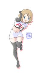 Rule 34 | 1girl, :d, absurdres, black gloves, black thighhighs, blue eyes, brown hair, character name, creatures (company), crop top, full body, game freak, gloves, gluteal fold, highres, leaning forward, leg up, looking at viewer, midriff, miniskirt, navel, nintendo, open mouth, pencil skirt, pokemon, pokemon (anime), pokemon xy (anime), serena (pokemon), simple background, skirt, smile, solo, standing, standing on one leg, stomach, tax2rin, team rocket, team rocket uniform, thighhighs, white background, white skirt, zettai ryouiki
