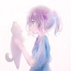 Rule 34 | 1girl, animal, animal focus, blue dress, cat, commentary, dress, from side, grey eyes, holding, holding animal, holding cat, koneko mari, mouth hold, original, pink hair, ponytail, short hair, simple background, solo, white background