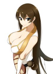 Rule 34 | 1girl, breasts, bridal gauntlets, brown eyes, brown hair, cleavage, closed mouth, collarbone, cowboy shot, covered erect nipples, fate/grand order, fate (series), from side, gourd, hat, unworn hat, unworn headwear, large breasts, long hair, looking at viewer, looking to the side, mattari yufi, sleeveless, solo, very long hair, xuangzang sanzang (fate)