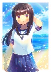 Rule 34 | 1girl, :o, arm behind head, arm up, blue ribbon, blue sailor collar, blue skirt, blurry, blurry background, blush, breasts, brown eyes, brown hair, commentary request, commission, day, depth of field, hatsuyuki (kancolle), kantai collection, kou hiyoyo, lens flare, long hair, looking at viewer, neck ribbon, parted lips, pleated skirt, ribbon, sailor collar, school uniform, serafuku, shirt, short sleeves, skeb commission, skirt, small breasts, solo, very long hair, water, white shirt