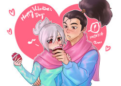 Rule 34 | 1boy, 1girl, absurdres, blush, couple, cupcake, heart, highres, league of legends, long sleeves, matching outfits, ponytail, red eyes, riven (league of legends), scar, scarf, sweater, valentine, white hair, yasuo (league of legends)