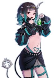 Rule 34 | 1girl, nanashi inc., belt, belt bra, black hair, black jacket, black skirt, blue belt, blue hair, blue panties, chest belt, clothing cutout, commentary request, cowboy shot, cropped jacket, cross-laced clothes, cross-laced sleeves, demon girl, demon horns, demon tail, ellieka sama, fang, flat chest, garter straps, grey background, grey outline, grey skirt, hair ornament, hairclip, highleg, highleg panties, highres, horns, jacket, layered skirt, long sleeves, looking at viewer, mask, mask pull, medium hair, midriff, mouth mask, multicolored hair, navel, open clothes, open jacket, open mouth, panties, pointy ears, red eyes, shishio chris, shoulder cutout, simple background, skirt, solo, sugar lyric, tail, two-tone hair, underwear, virtual youtuber, zipper, zipper skirt