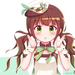 Rule 34 | 1girl, :o, blush, bow, brown hair, commentary request, gochuumon wa usagi desu ka?, goth risuto, green background, green bow, green eyes, hands up, jacket, long hair, looking at viewer, low twintails, open clothes, open jacket, parted lips, puffy short sleeves, puffy sleeves, revision, shirt, short sleeves, solo, striped, striped bow, tilted headwear, twintails, twitter username, two-tone background, ujimatsu chiya, upper body, very long hair, white background, white headwear, white jacket, white shirt, wrist cuffs