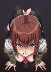 Rule 34 | 1girl, all fours, angry, ass, between breasts, black pantyhose, blue eyes, breasts, breasts out, brown hair, clenched teeth, from above, highres, kneeling, long hair, looking at viewer, looking up, makise kurisu, medium breasts, necktie, necktie between breasts, nipples, pantyhose, shirt, solo, steins;gate, sweat, syunzou, teeth, torn clothes, torn pantyhose, white shirt