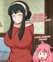 Rule 34 | 2girls, anya (spy x family), black hair, blush, english text, closed eyes, green eyes, highres, long hair, medium hair, mother and daughter, multiple girls, open mouth, pink hair, red sweater, semidraws, smile, spy x family, sweater, yor briar