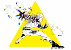 Rule 34 | 1boy, belt, black eyes, chromatic aberration, genos, hood, hoodie, mechanical arms, monochrome, one-punch man, open mouth, r8, short hair, simple background, solo, torn clothes, triangle, white background