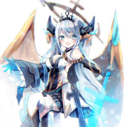 Rule 34 | 1girl, :d, asymmetrical sleeves, asymmetrical wings, bare shoulders, black skirt, black wings, blue eyes, blue gloves, blue hair, blush, brown wings, commentary request, copyright request, cross, detached sleeves, dress, fang, gloves, glowing, glowing sword, glowing weapon, hair between eyes, highres, horns, kikka (kicca choco), layered skirt, long hair, long sleeves, mismatched sleeves, mismatched wings, multicolored hair, open mouth, pleated, pleated skirt, silver hair, simple background, skirt, smile, solo, streaked hair, thighhighs, tiara, transparent, twintails, v-shaped eyebrows, very long hair, weapon, white background, white dress, white thighhighs, wide sleeves, wings