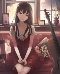 Rule 34 | 1girl, bag, bouquet, bow, brown hair, cello, collarbone, crossed legs, dress, flower, hair bow, head tilt, highres, indoors, instrument, long hair, looking at viewer, ooi choon liang, original, photo (object), picture frame, pillow, plant, potted plant, puffy short sleeves, puffy sleeves, rose, shopping bag, short sleeves, sitting, smile, solo, tree, window, yellow eyes