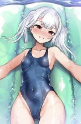 Rule 34 | 1girl, absurdres, blue one-piece swimsuit, blush, breasts, commentary request, competition swimsuit, grin, harigane shinshi, highleg, highleg swimsuit, highres, inflatable raft, long hair, looking at viewer, lying, nose blush, one-piece swimsuit, original, red eyes, silver hair, small breasts, smile, solo, swimsuit, water, wet, wet clothes, wet swimsuit