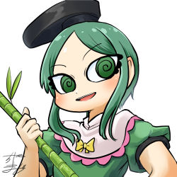 Rule 34 | 1girl, @ @, profile picture, bamboo, bow, chamaji, commentary, dress, frilled shirt collar, frills, green dress, green hair, hat, holding bamboo shoot, looking at viewer, lowres, short hair, short hair with long locks, short sleeves, signature, solo, tate eboshi, teireida mai, touhou, upper body, white background, yellow bow