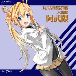 Rule 34 | 1girl, :d, abukuma (kancolle), alternate costume, black pantyhose, black shirt, blonde hair, blue eyes, blush, brown skirt, commentary request, dated, diagonal stripes, double bun, dutch angle, fingernails, hair between eyes, hair bun, hair rings, hands up, hebitsukai-san, highres, jacket, kantai collection, long hair, long sleeves, open clothes, open jacket, open mouth, pantyhose, pleated skirt, shirt, side bun, sidelocks, skirt, smile, solo, striped, striped background, translation request, twintails, twitter username, very long hair, white jacket