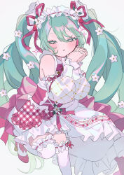 Rule 34 | 1girl, absurdres, aqua eyes, aqua hair, aqua nails, beamed eighth notes, blush, bow, colored eyelashes, commentary, corset, cross-laced clothes, cross-laced corset, detached sleeves, dress, flower, flower-shaped pupils, food, food-themed hair ornament, food print, footwear bow, frilled thighhighs, frills, fruit, grey background, hair between eyes, hair flower, hair ornament, hair ribbon, hairband, hakudaku, half-closed eyes, hands up, hatsune miku, high heels, highres, leg up, limited palette, lolita hairband, long hair, looking at viewer, musical note, musical note print, musical staff print, nail polish, official alternate costume, own hands clasped, own hands together, parted lips, plaid, plaid dress, polka dot footwear, puffy detached sleeves, puffy sleeves, red bow, red dress, red footwear, red ribbon, ribbon, simple background, sleeve cuffs, sleeveless, sleeveless dress, solo, sparkle, staff (music), standing, standing on one leg, strawberry, strawberry hair ornament, strawberry miku (morikura), strawberry print, symbol-only commentary, symbol-shaped pupils, thighhighs, twintails, very long hair, vocaloid, white flower, white sleeves, white thighhighs